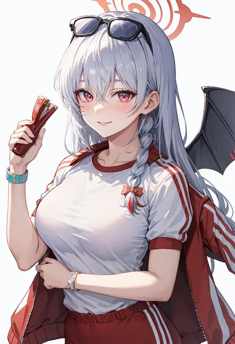 best quality, masterpiece, highres, solo, (haruna_bluearchive:1.10), 1girl, gym shirt, gym uniform, looking at viewer, official alternate costume, white shirt, blush, jacket on shoulders, red buruma, track jacket, smile, simple background, closed mouth, white background, holding, short sleeves, 1 <lora:haruna_bluearchive:0.80>