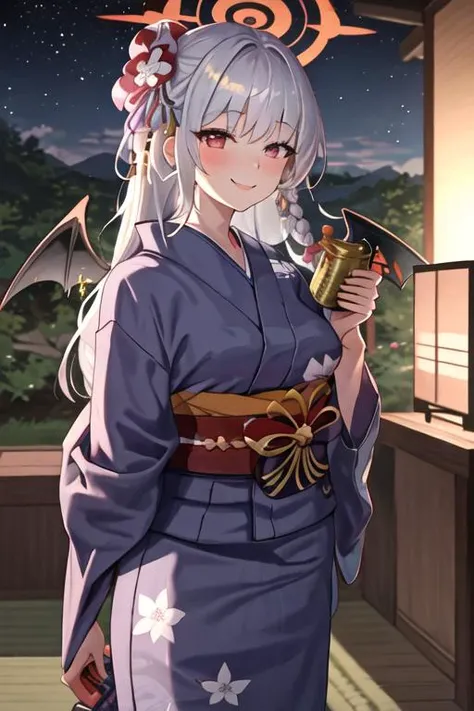 best quality, masterpiece, highres, solo, {yukata:1.40}, {kimono:1.20}, {haruna_bluearchive:1.15}, red_eyes, halo, braid, smile, wings, bangs, long_hair, grey_hair, blush, breasts, bow, white_hair, hair_bow