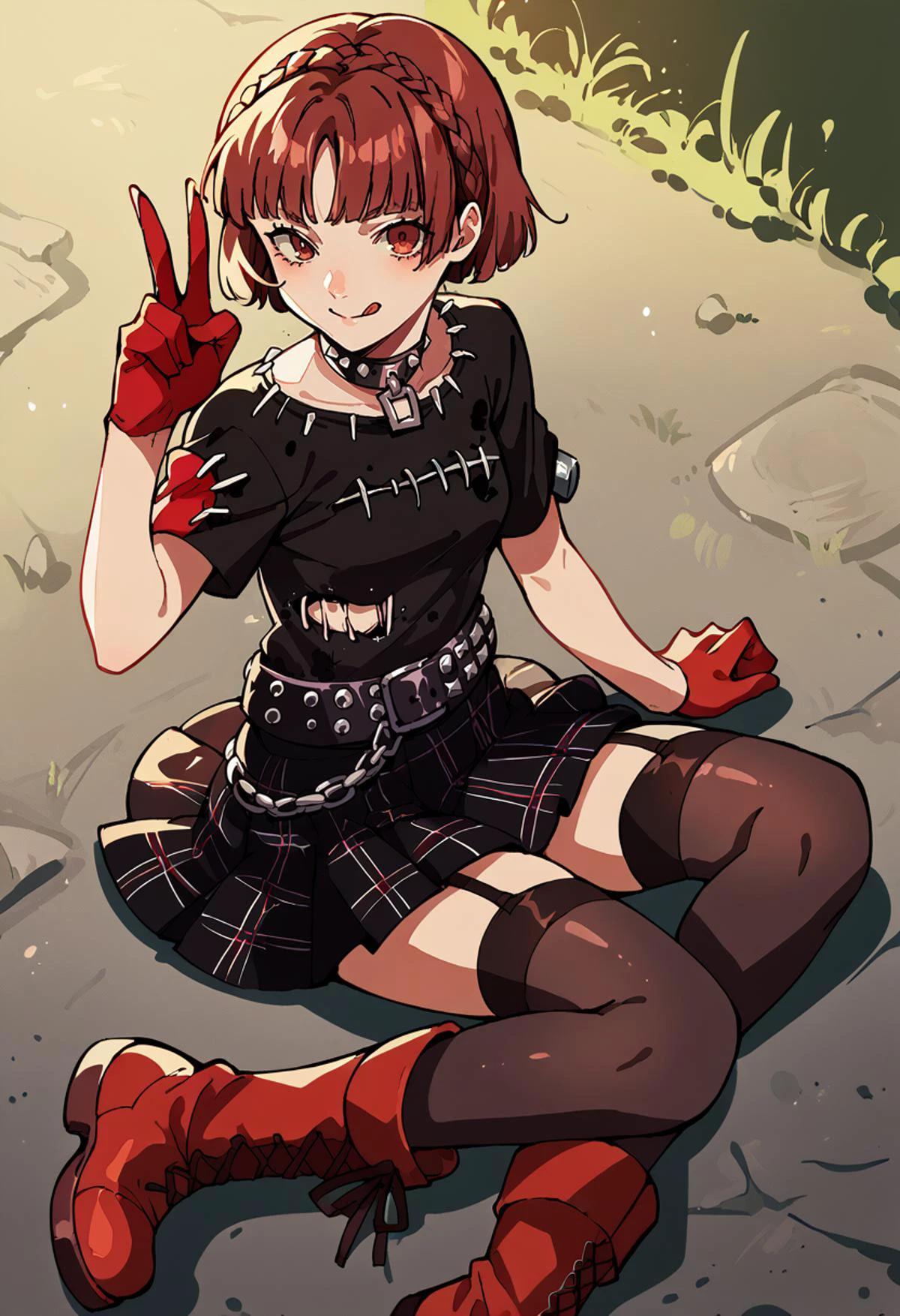 score_9, score_8_up, score_7_up, source_anime, 1girl, on ground, closed mouth, smile, tongue out, peace sign, BREAK <lora:MakotoP5-pdxl:1> dncMako, short hair, crown braid, studded choker, black print shirt, torn shirt, short sleeves, armband, red gloves, studded belt, chain, plaid pleated skirt, miniskirt, thighs, black thighhighs, garter straps, red boots, outdoors