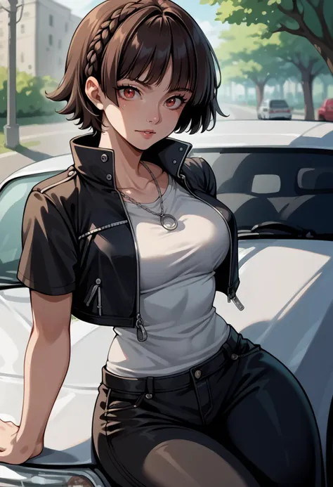 score_9, score_8_up, score_7_up, source_anime,  1girl, looking at viewer, parted lips, on hood of car, BREAK <lora:MakotoP5-pdxl:1> p5sMako, short hair, crown braid, black cropped jacket, open jacket, white shirt, short sleeves, medium breasts, necklace, black pants, tight clothes, wide hips, outdoors