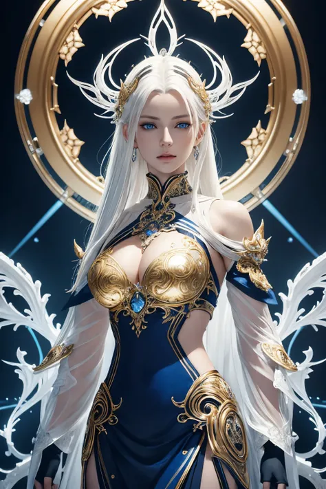 surreal photography of a stunningly beautiful cyborg female, white hair, blue eyes, embraced, delicate gold filigree, intricate filigree, glowing, in the style of beth cavener, jin kagetsu, and wlop, highly detailed, intricate detailed, chrome face symmetry, masterpiece, award - winning, sharp focus, concept art, high key, ambient lighting, 8 k, octane render