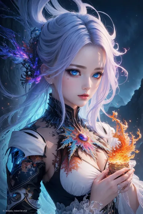 (masterpiece, top quality, best quality, official art, beautiful and aesthetic:1.2), (1girl), extreme detailed,(abstract, fractal art:1.3),colorful hair,highest detailed, detailed_eyes, fire, water, ice, lightning, light_particles, ghost,