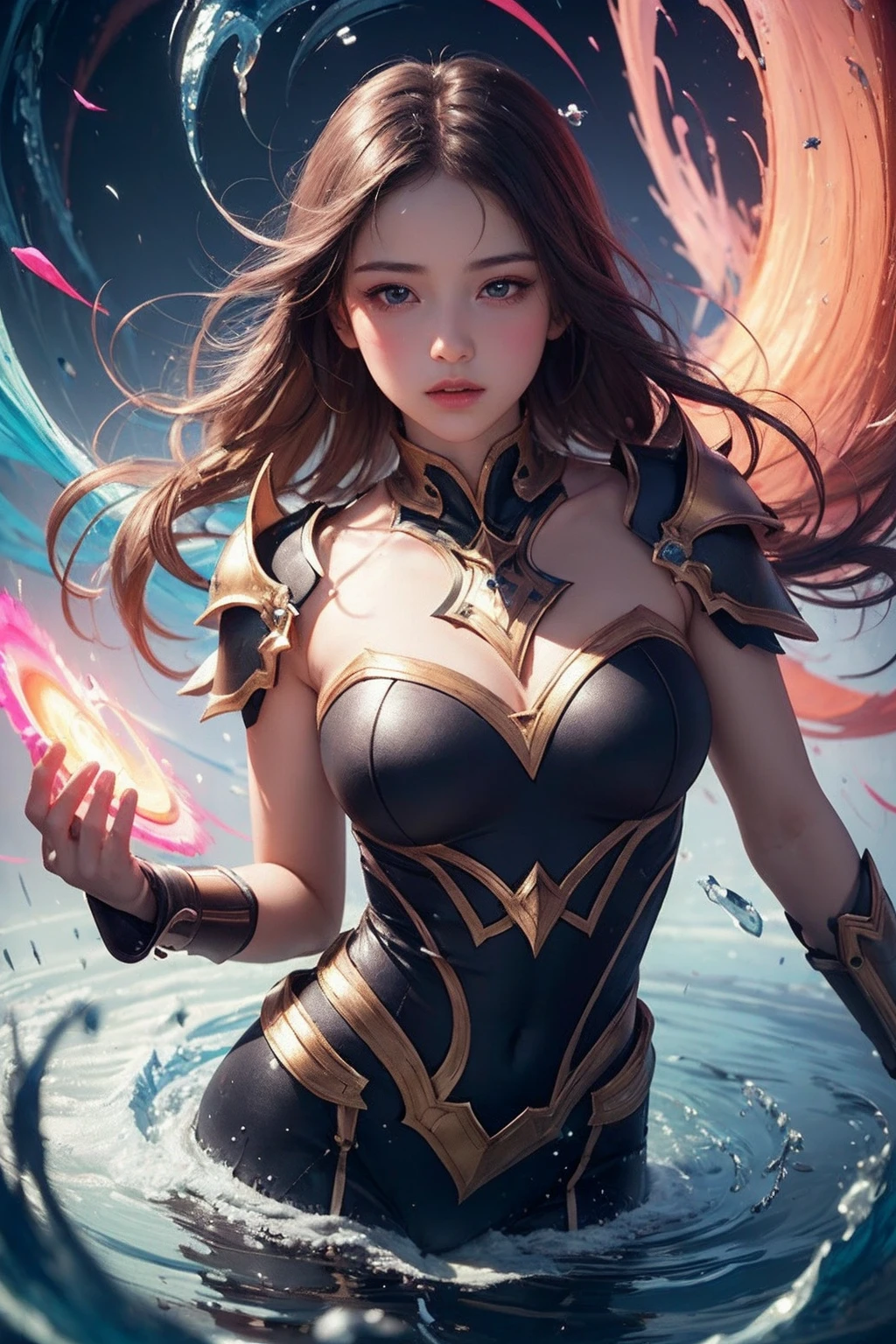 (detailed, sharp details:1.3),(masterpiece:1.3), 1girl, innocent expression, divine armor, multitude of color, colors being sucked into vortex in middle, girl holding vortex, ascension, godly atmosphere, paint splattered around, (central vortex:1.4), (floating particles:1.3), subsurface scattering, skin texture, blush