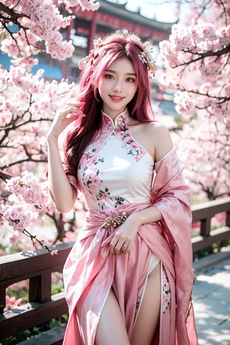 <lora:girl_6:0.8>,super high resolution,best quality,(solo:1.4),4k,pink eyes,1girl,pink hair,hair flower,pointy_ears,long hair,hair_ornament,chinese clothes,smile,look at the audience,thigh,standing,cherry_blossoms,