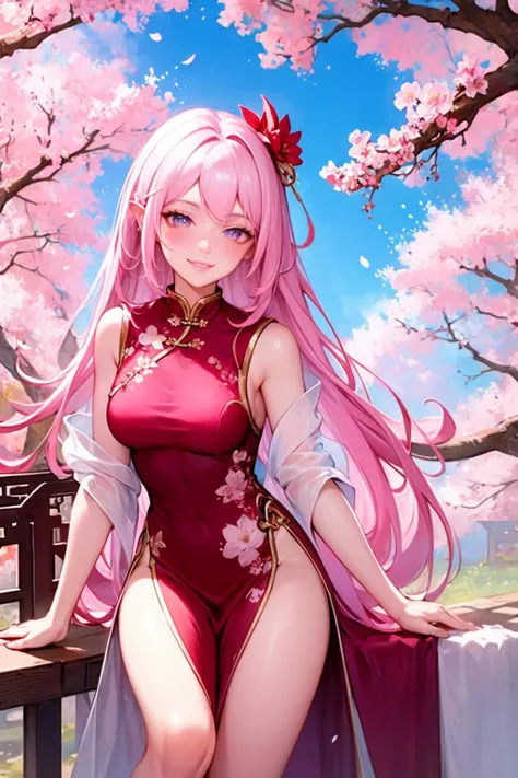 pink hair,<lora:girl_6:0.8>,super high resolution,best quality,4k,1girl,solo,pointy_ears,smile,chinese clothes,long hair,bangs,hair flower,look at the audience,hair_ornament,cherry_blossoms,flower,thigh,