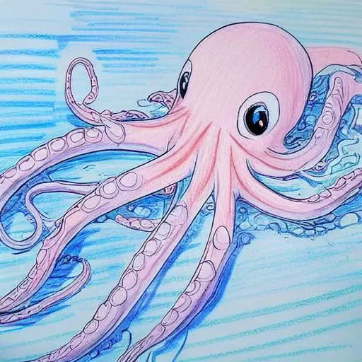 octopus with 8 legs, swimming in the ocean attacked by a blue shark animepencilconcept style