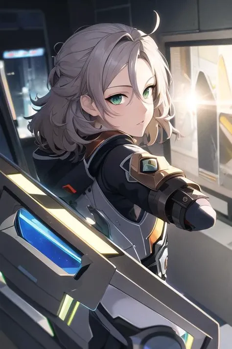 <lora:albedo:0.8>,(masterpiece:1.331), best quality, wallpaper, extremely detailed cg unity 8k wallpaper, absurdres, highres, incredibly absurdres, (mecha:0.7|boy:0.3),solo,whtie hair,green eyes,highly detailed,extremely detailed CG unity 8k wallpaper, illustration, highres,absurdres, beautiful detailed face,finely detailed eyes,highly detail hands,full body, (mechanization:1.3), looking back, chromatic aberration, lens flare, cyberpunk, surreal, science fiction, wide shot, vanishing point