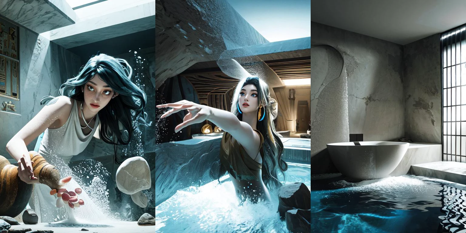 (otherworldly, otherworldly atmosphere, otherworldly appearance), highly insanely detailed, masterpiece, top quality, best quality, highres, 4k, 8k, RAW photo, ((ancient egyptian theme:1.2)),
(long_hair, long hair, random colors hair, glowing hair, hair over one eye, long messy hair),
(eyelashes, eyeliner, eyeshadow, eyelashes),
collar, earrings, jewelry, necklace, armlet,
tentacle, (underwater), nsfw,
Homestay, Resort, Guest House,
building, structure, still life, swirling energy,
action pose,
Ray tracing, hdr, volumetric lighting, sunlight,
1girl, blue long hair, curly hair, earrings, freckles, colored eyes, multicolor eyes, at bathroom, towel, steam,
<lora:Selfie_FefaAIart:0.75>, selfie,
<lora:From_Below_FefaAIart:0.8>, from below, low angle shot, (fantasy world)