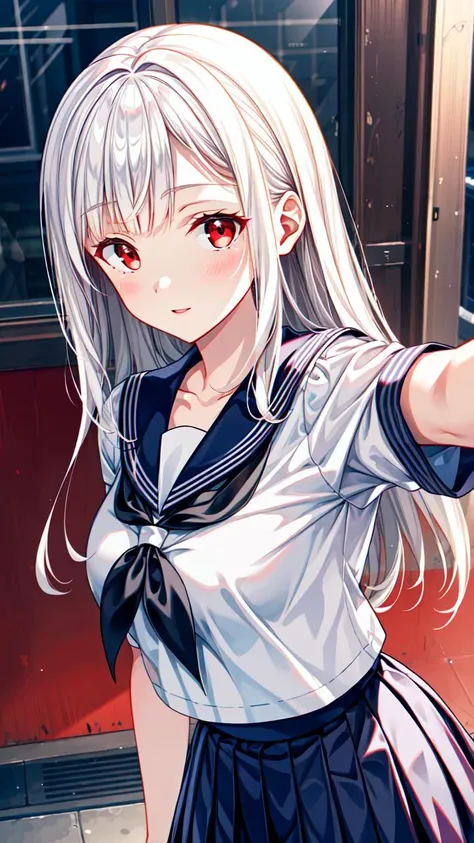 masterpiece,best quality,highres,illustration,hyper detailed,8k cg wallpaper,ray tracing,((white hair:1.2)),medium breasts,((red eyes:1.2)),((straight hair:1.2)),((long hair:1.2)),(hiten1:0.8),<lora:add_detail>,((selfie:1.2)),sailor collar,white shirt,pleated skirt,cleavage,<lora:Selfie_FefaAIart:0.7>,