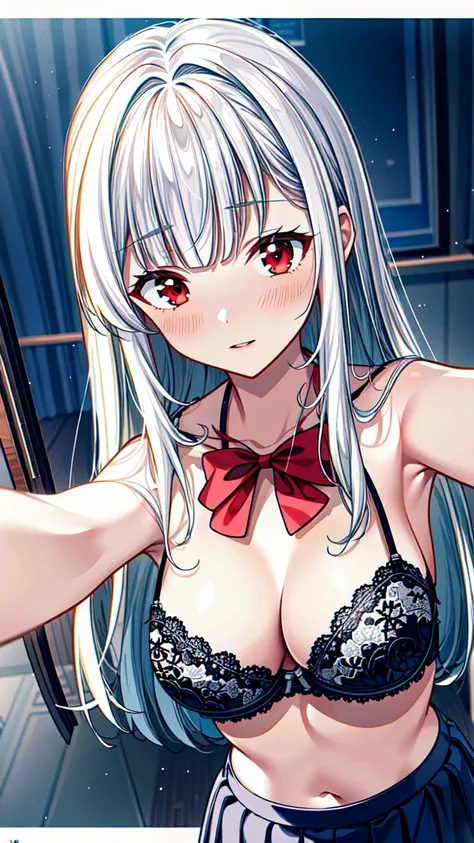 masterpiece,best quality,highres,illustration,hyper detailed,8k cg wallpaper,ray tracing,((white hair:1.2)),medium breasts,((red eyes:1.2)),((straight hair:1.2)),((long hair:1.2)),(hiten1:0.8),<lora:add_detail>,((selfie:1.2)),pleated skirt,cleavage,<lora:Selfie_FefaAIart:0.7>,((lace-trimmed bra:1.1)),((bare arms:1.1)),navel,((red bowtie:1.1)),<lora:RedBowtie_v2:0.8>,