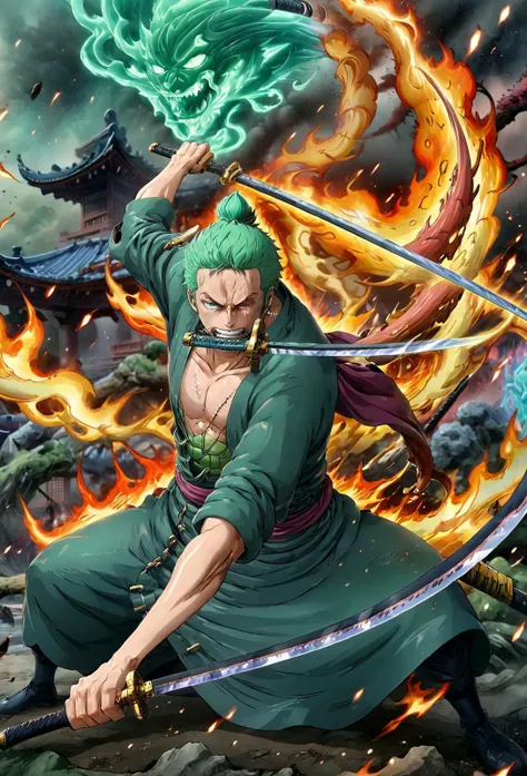 amazing quality, masterpiece, best quality, hyper detailed, ultra detailed, UHD, perfect anatomy, lean forwards,
holding sword, wearing green clothes, Japanese clothes, angry, glowing sword, outstretched arm, outstretched hand, (flame tornado:1.3), ( fighting stance:1.3), sword with energy flow, Arlong park,
<lora:add-detail-xl:0.85>,
<lora:EnvyBetterHiresFixXL01:0.75>,
<lora:extremely_detailed:1.0>, extremely detailed,
<lora:Rononoa_Zoro_XL:0.85>,