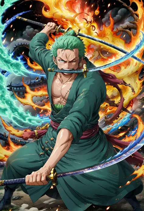 amazing quality, masterpiece, best quality, hyper detailed, ultra detailed, UHD, perfect anatomy, lean forwards,
holding sword, wearing green clothes, Japanese clothes, angry, glowing sword, outstretched arm, outstretched hand, (flame tornado:1.3), ( fighting stance:1.3), sword with energy flow, Arlong park,
<lora:add-detail-xl:0.85>,
<lora:EnvyBetterHiresFixXL01:0.75>,
<lora:extremely_detailed:1.0>, extremely detailed, 
<lora:Rononoa_Zoro_XL:0.85>,