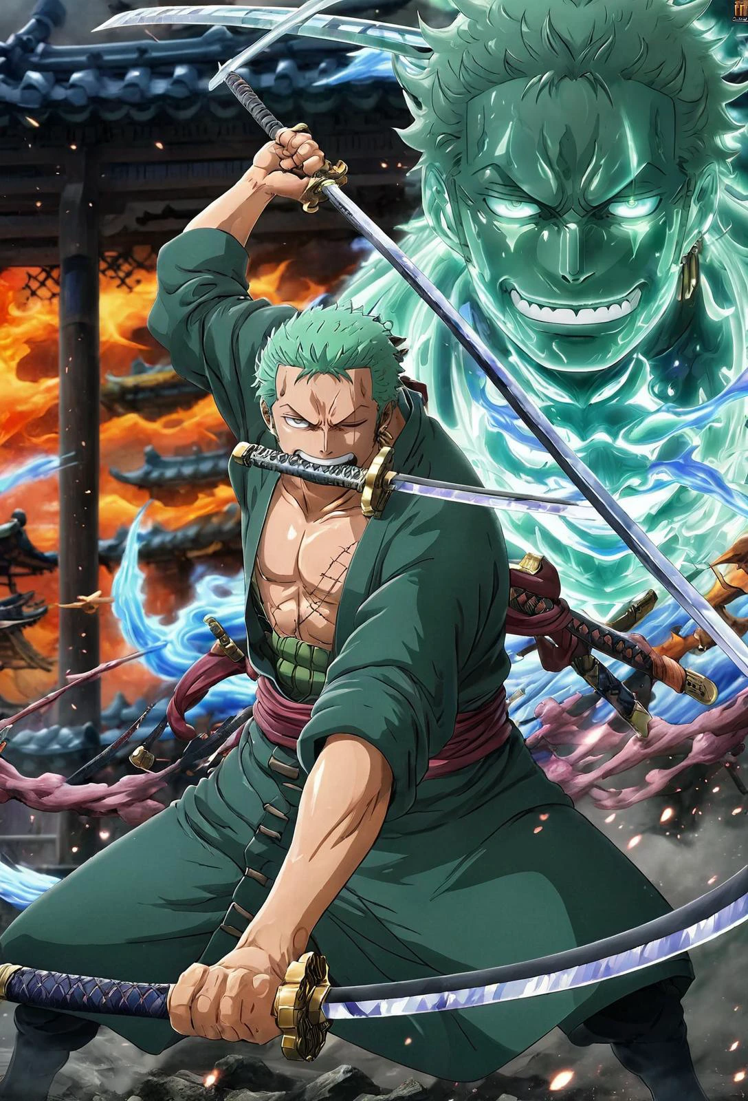 amazing quality, masterpiece, best quality, hyper detailed, ultra detailed, UHD, perfect anatomy, lean forwards,
holding sword, wearing green clothes, Japanese clothes, angry, glowing sword, outstretched arm, outstretched hand, ( fighting stance:1.3), sword with energy flow, Arlong park,
<lora:add-detail-xl:0.85>,
<lora:EnvyBetterHiresFixXL01:0.75>,
<lora:extremely_detailed:1.0>, extremely detailed,
<lora:Rononoa_Zoro_XL:0.85>,