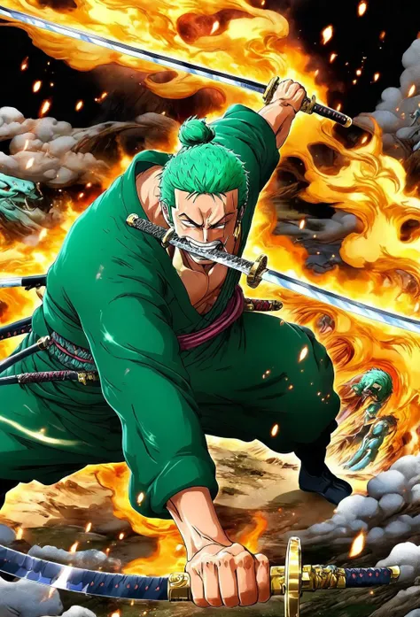 amazing quality, masterpiece, best quality, hyper detailed, ultra detailed, UHD, perfect anatomy, lean forwards,
holding sword, wearing green clothes, Japanese clothes, angry, glowing sword, outstretched arm, outstretched hand, (flame tornado:1.3), ( fighting stance:1.3), sword with energy flow, Arlong park,
<lora:add-detail-xl:0.85>,
<lora:EnvyBetterHiresFixXL01:0.75>,
<lora:extremely_detailed:1.0>, extremely detailed,
<lora:Rononoa_Zoro_XL:0.85>,