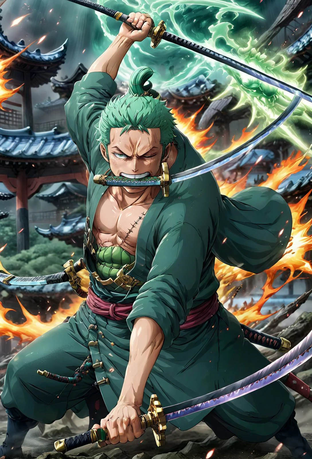 amazing quality, masterpiece, best quality, hyper detailed, ultra detailed, UHD, perfect anatomy,
holding sword, wearing green clothes, Japanese clothes, angry, glowing sword, outstretched arm, outstretched hand, ( fighting stance:1.3), sword with energy flow, Arlong park,
<lora:add-detail-xl:0.75>,
<lora:EnvyBetterHiresFixXL01:0.75>,
<lora:extremely_detailed:1.0>, extremely detailed,
<lora:Rononoa_Zoro_XL:0.85>,