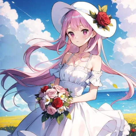 (masterpiece, best quality), 1girl, flower, solo, dress, holding, sky, cloud, hat, outdoors, bangs, bouquet, rose, expressionless, blush, pink hair, flower field, red flower, pink eyes, white dress, looking at viewer, midium hair, holding flower, small breasts, red rose, holding bouquet, sun hat, white headwear, depth of field,