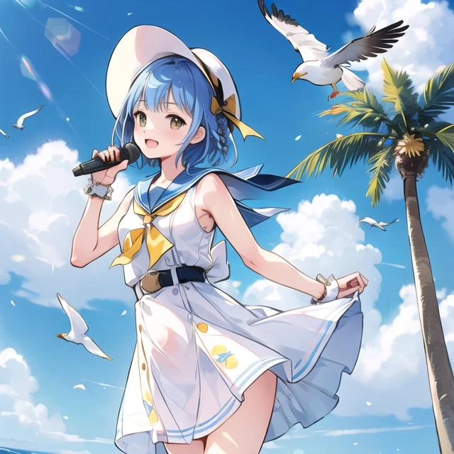 ((best quality)),((world masterpiece)),((illustration)),beautiful detailed,colourful,extremely detailed 8K wallpaper,finely detailed,dramatic light,intricate details, ((ultra-detailed)),
1girl, bangs, belt, bird, blue_hair, blue_sky, blush, braid, cloud, confetti, day, dress, frills, hair_ribbon, hat, looking_at_viewer, microphone, mini_hat, music, open_mouth, outdoors, palm_tree, ribbon, sailor_collar, sailor_dress, seagull, short_hair, singing, sky, sleeveless, sleeveless_dress, smile, solo, stage, sunlight, tree, wrist_cuffs, yellow_eyes