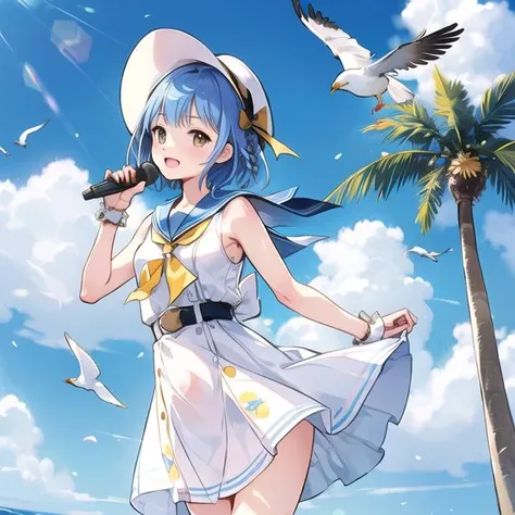 ((best quality)),((world masterpiece)),((illustration)),beautiful detailed,colourful,extremely detailed 8K wallpaper,finely detailed,dramatic light,intricate details, ((ultra-detailed)),
1girl, bangs, belt, bird, blue_hair, blue_sky, blush, braid, cloud, confetti, day, dress, frills, hair_ribbon, hat, looking_at_viewer, microphone, mini_hat, music, open_mouth, outdoors, palm_tree, ribbon, sailor_collar, sailor_dress, seagull, short_hair, singing, sky, sleeveless, sleeveless_dress, smile, solo, stage, sunlight, tree, wrist_cuffs, yellow_eyes