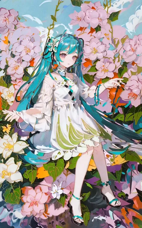 <lora:Cloisonne:1> (flat color:1.2),thick outlines,, masterpiece,extremely detailed,flower background,1girl,cute,miku,very long hair,twintails,outdoors,flower swing,(hair flower, beautiful detailed flower,  too many flowers, various flowers:1.5),leaf,branch,