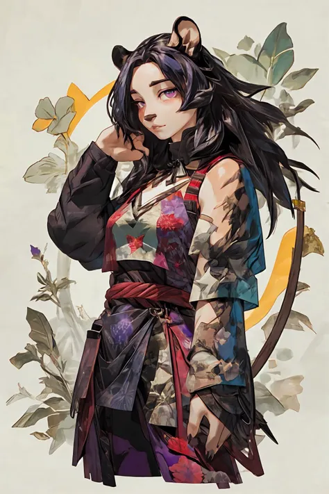 Masterpieces,official art,female anthro,delicated face,(delicated eyes,starry),pantherine,slim,(long hair,shiny hair,floating),east asian clothing,black fur,claws,shy,blush,(standing, arms up,  pose),looking at viewer,narrowed eyes,sharp focus,(ultra detailed),
BREAK
urbansamurai,techwear,loose east asian clothing,beige rope,armpits,detached sleeves,side split,(red sashes with argyle pattern),fine fabric emphasis,purple gemstone pendant,<lora:Cloisonne:lbw=OUTD>,Dalle de verre,(illustration),(paper figure),(lococo),((impasto)),(shiny skin),(((golden outline))),<lora:urbansamuraiv3testing:lbw=MIDD>,