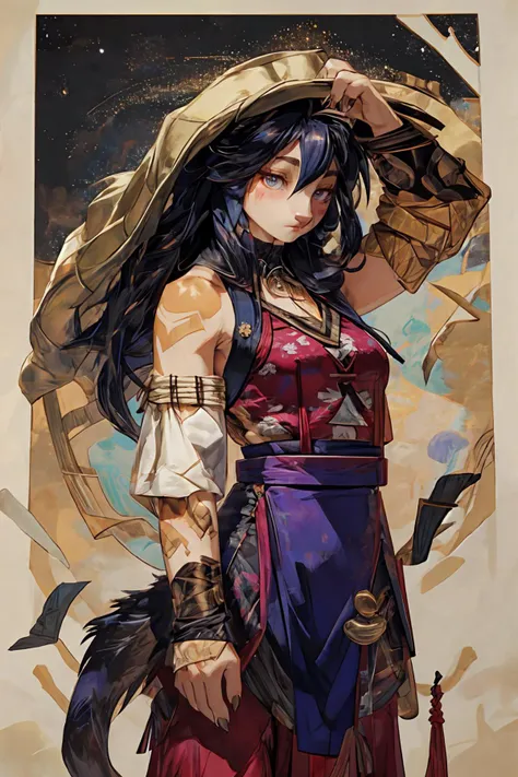 Masterpieces,official art,female anthro,delicated face,(delicated eyes,starry),pantherine,slim,(long hair,shiny hair,floating),east asian clothing,black fur,claws,shy,blush,(standing, arms up,  pose),looking at viewer,narrowed eyes,sharp focus,(ultra detailed),
BREAK
urbansamurai,techwear,loose east asian clothing,beige rope,armpits,detached sleeves,side split,(red sashes with argyle pattern),fine fabric emphasis,purple gemstone pendant,<lora:Cloisonne:lbw=OUTD>,Dalle de verre,(illustration),(paper figure),(lococo),((impasto)),(shiny skin),(((golden outline))),<lora:urbansamuraiv3testing:lbw=MIDD>,