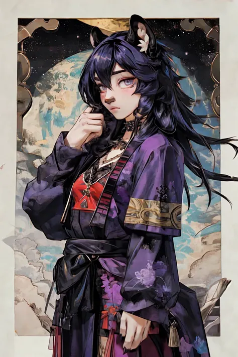 Masterpieces,official art,female anthro,delicated face,(delicated eyes,starry),pantherine,slim,(long hair,shiny hair,floating),east asian clothing,black fur,claws,shy,blush,(standing, arms up,  pose),looking at viewer,narrowed eyes,sharp focus,(ultra detailed),
BREAK
urbansamurai,techwear,loose east asian clothing,beige rope,armpits,detached sleeves,side split,(red sashes with argyle pattern),fine fabric emphasis,purple gemstone pendant,<lora:Cloisonne:lbw=OUTD>,Dalle de verre,(illustration),(paper figure),(lococo),((impasto)),(shiny skin),(((golden outline))),<lora:urbansamuraiv3testing:.75>,