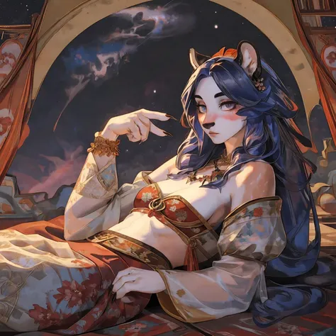 <lora:Cloisonne:0.75>,Masterpieces,official art,female anthro,delicated face,(delicated eyes,starry),pantherine,slim,(long hair,shiny hair,floating),east asian clothing,black fur,claws,shy,blush,(lying on back),looking at viewer,narrowed eyes,arms_at_sides,sharp focus,(ultra detailed),
BREAK
loose east asian clothing,beige rope,armpits,detached sleeves,side split,(red sashes with argyle pattern),fine fabric emphasis,purple gemstone pendant,<lora:Cloisonne:0.75>,Dalle de verre,(illustration),(paper figure),(lococo),((impasto)),(shiny skin),