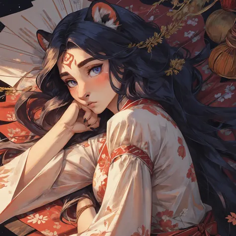 <lora:Cloisonne:lbw=0>,Masterpieces,official art,female anthro,delicated face,(delicated eyes,starry),pantherine,slim,(long hair,shiny hair,floating),east asian clothing,black fur,claws,shy,blush,(lying on back),looking at viewer,narrowed eyes,arms_at_sides,sharp focus,(ultra detailed),
BREAK
loose east asian clothing,beige rope,armpits,detached sleeves,side split,(red sashes with argyle pattern),fine fabric emphasis,purple gemstone pendant,Dalle de verre,(illustration),(paper figure),(lococo),((impasto)),(shiny skin),