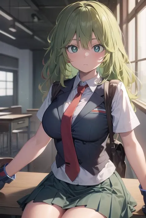 tooruhagakure, <lyco:tooruhagakure-lyco-nochekaiser:1>,
tooru hagakure, (green eyes:1.5), green hair, messy hair, multicolored hair, thick eyelashes, two-tone hair,
BREAK collared shirt, gloves, blue skirt, necktie, pleated skirt, red necktie, school uniform, shirt, skirt, u.a. school uniform, white shirt,
BREAK looking at viewer, full body,
BREAK indoors, classroom,
BREAK <lyco:GoodHands-beta2:1>, (masterpiece:1.2), best quality, high resolution, unity 8k wallpaper, (illustration:0.8), (beautiful detailed eyes:1.6), extremely detailed face, perfect lighting, extremely detailed CG, (perfect hands, perfect anatomy),