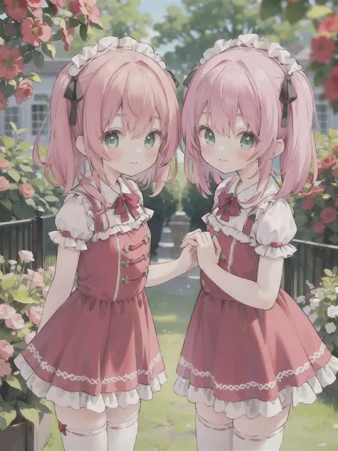 masterpiece, best quality, ultra-detailed, 2girls, en, twins, pink hair, short twintail, green eyes, smile AND embarrassed, twins fashion, red dress, frill, ribbon, red headdress, in flower garden, shakehands, close up, from above