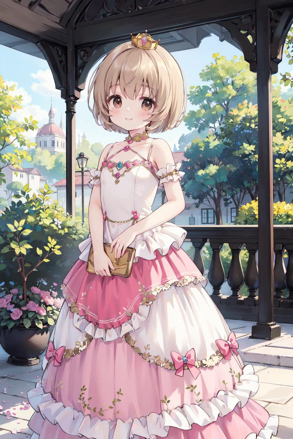 Koga Koharu, brown eyes, bright pink princess gown, crown, sweet smile, cute pose, looking at viewer, standing in a gazebo, masterpiece <lora:u149-v4.0:0.7>