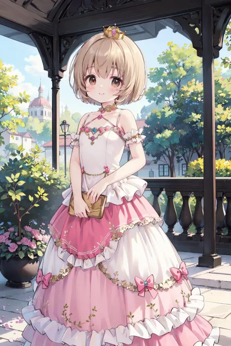 Koga Koharu, brown eyes, bright pink princess gown, crown, sweet smile, cute pose, looking at viewer,  standing in a gazebo, masterpiece <lora:u149-v4.0:0.7>