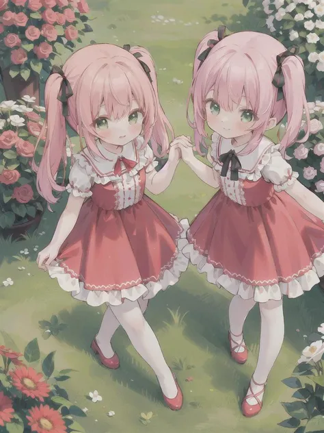 masterpiece, best quality, ultra-detailed, 2girls, en, twins, pink hair, short twintail, green eyes, smile AND embarrassed, twins fashion, red dress, frill, ribbon, red headdress, in flower garden, shakehands, close up, from above