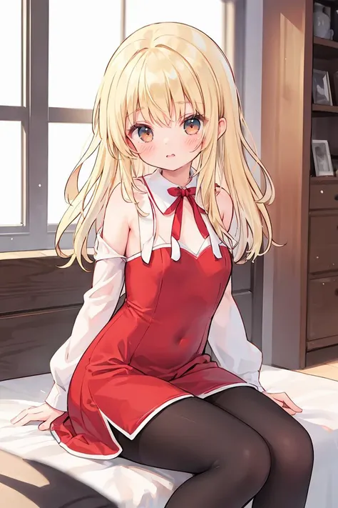 (masterpiece, best quality), 1girl, blonde hair, red dress, pantyhose, cute face, blush,