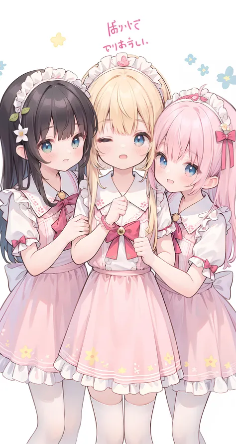 absurd-resolution, ultra-detailed, (best quality illustration), 8K, ultra high res, cowgirl shot, simple background, (flower-style background), (3girls:1.2), side by side, (very cute, cheerful, wink), pink and yellow and blue maid outfit, mini-skirt, perfect hand, [one eye closed]