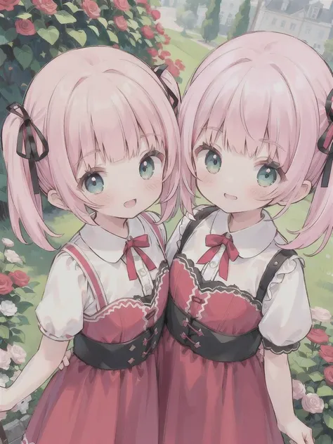 masterpiece, best quality, ultra-detailed, 2girls, en, twins, pink hair, short twintail, green eyes, smile AND embarrassed, twins fashion, red dress, frill, ribbon, red headdress, in flower garden, shakehands, close up, from above