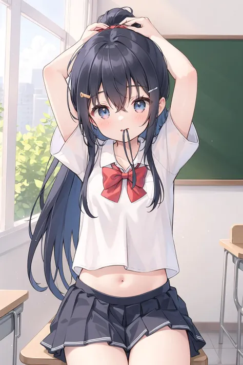 1girl, skirt, solo, blue hair, sitting, hair ornament, shirt, blue eyes, white shirt, hairclip, bow, chair, tying hair, black skirt, ponytail, short sleeves, pleated skirt, red bow, hair tie in mouth, mouth hold, bowtie, looking at viewer, school uniform, blush, red bowtie, hair tie, bangs, arms up, long hair, collared shirt, indoors, midriff peek, hair between eyes, thighs, on chair