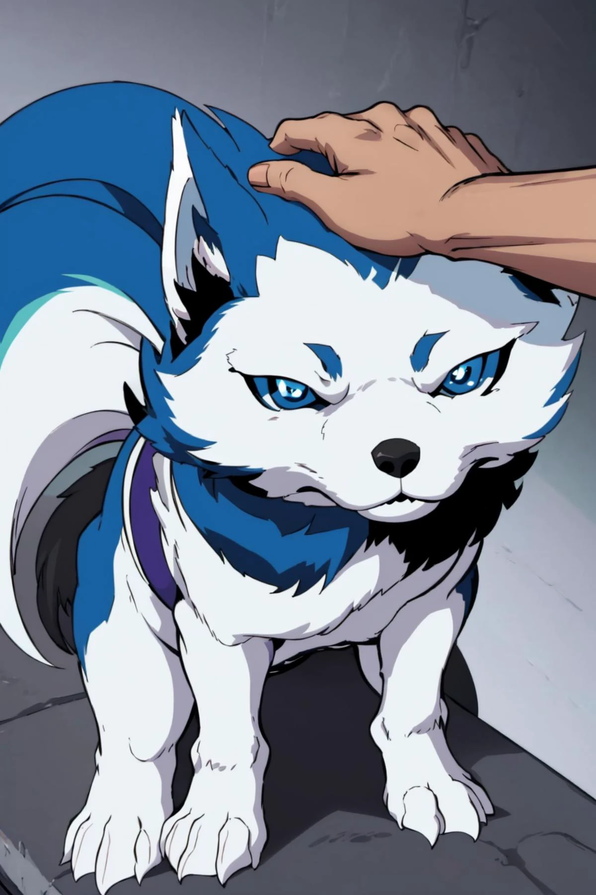 masterpiece, best quality, solo, looking at viewer, <lora:Character Pascal the Dog (Shin Megami Tensei):0.8>, Dog, Pascal, white fur, blue fur, no humans, sitting, husky, <lora:HeadpatPOVV2:1>, IncrsHeadpatPOV, headpat, pov