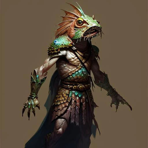 Environmental portrait of a Mycenaean Locathah_Person Sorcerer scales:20, Volumetric lighting, concept art, brush stroke style, artstation, trending, highly detailed, art by greg rutkowski.