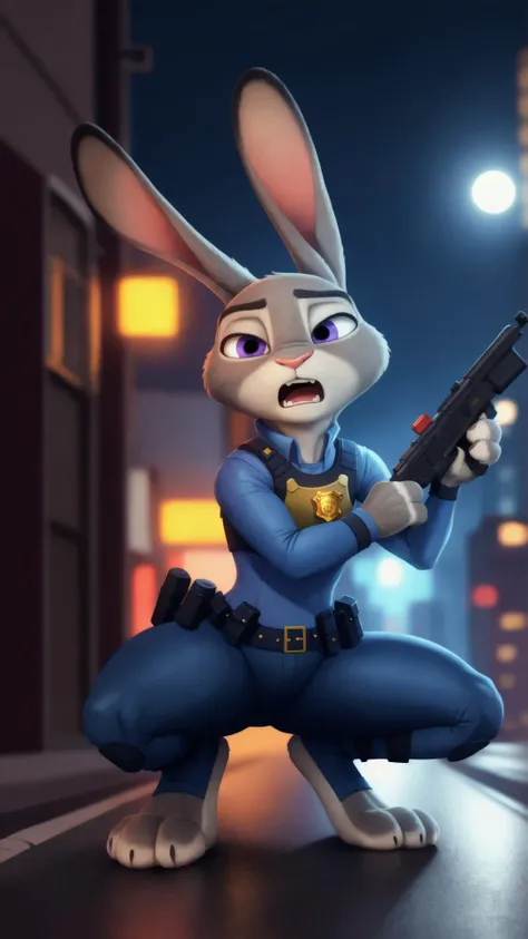 <lora:JudyHopps_v1:0.8> JudyHopps, 1girl, zootopia, furry, bunny, (police uniform:1.25), (angry, focused:1.15), <lora:BetterGuns-V1:0.6> holding gun, aiming, BREAK,
(at corner, urban, street, night, full moon:1.15), squatting,, masterpiece, best quality, extremely detailed, highly quality, 4k, sharp focus, professional, sharp focus, award winning, cinematic lighting, octane render, unreal engine, volumetrics dtx, Wallpaper,