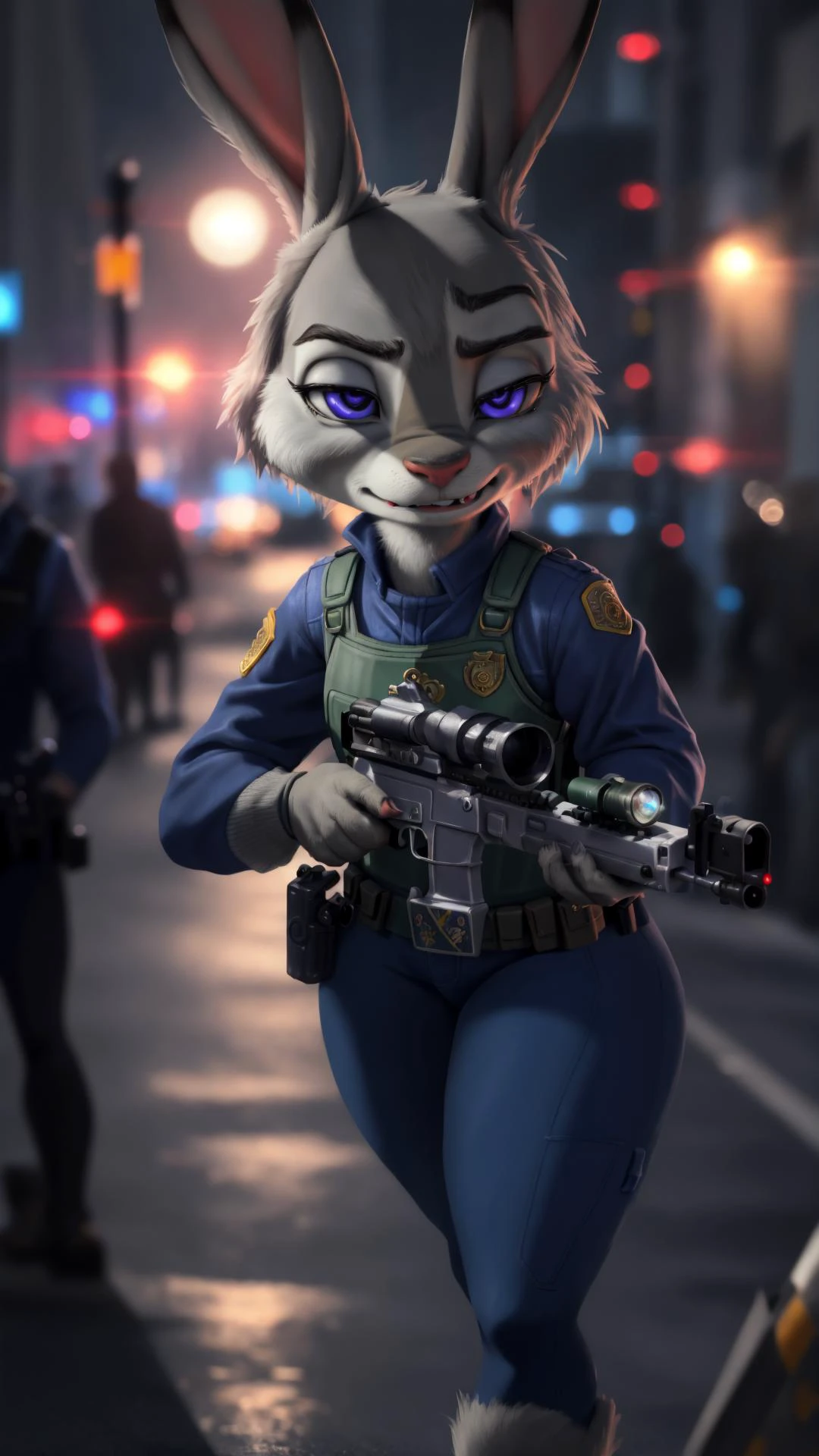 <lora:JudyHopps_v1:0.8> JudyHopps, 1girl, zootopia, police uniform, angry, focused, <lora:BetterGuns-V1:0.8> holding gun, aiming, BREAK,
at corner, urban, street, night, full moon,, masterpiece, best quality, extremely detailed, highly quality, 4k, sharp focus, professional, sharp focus, award winning, cinematic lighting, octane render, unreal engine, volumetrics dtx, Wallpaper,