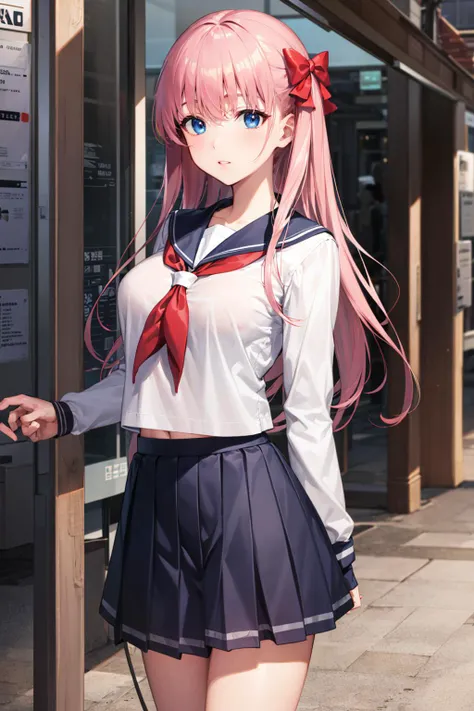 ((masterpiece)), (best quality), official art, extremely detailed CG, unity 8k wallpaper, ultra detailed, highly detailed, detailed background, vivid color, photorealistic, perfect lighting, best illumination, 1girl, solo, nodoka haramura, blue eyes, hair bow, long hair, pink hair, bow, blue skirt, kiyosumi school uniform, pleated skirt, school uniform, serafuku, skirt, <lora:nodokaharamura:1>,