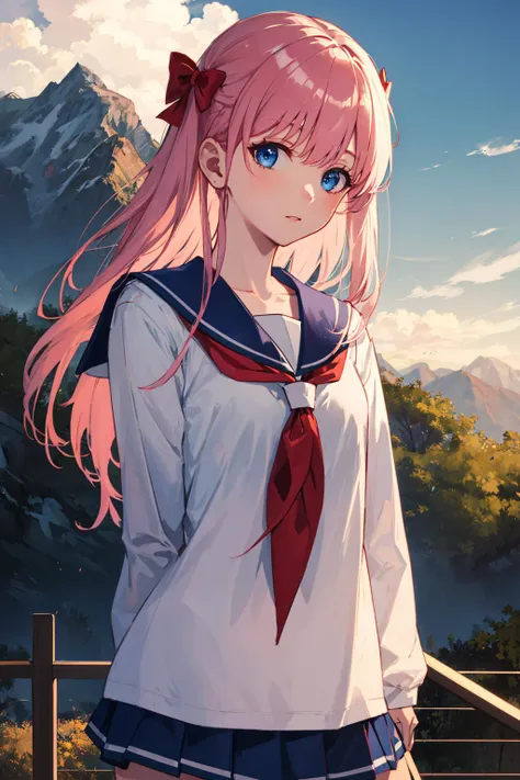 ((masterpiece)), (best quality), official art, extremely detailed CG, unity 8k wallpaper, ultra detailed, highly detailed, detailed background, vivid color, photorealistic, perfect lighting, best illumination, 1girl, solo, nodoka haramura, blue eyes, hair bow, long hair, pink hair, bow, school uniform, serafuku, miniskirt, mountain, <lora:nodokaharamura:1>,