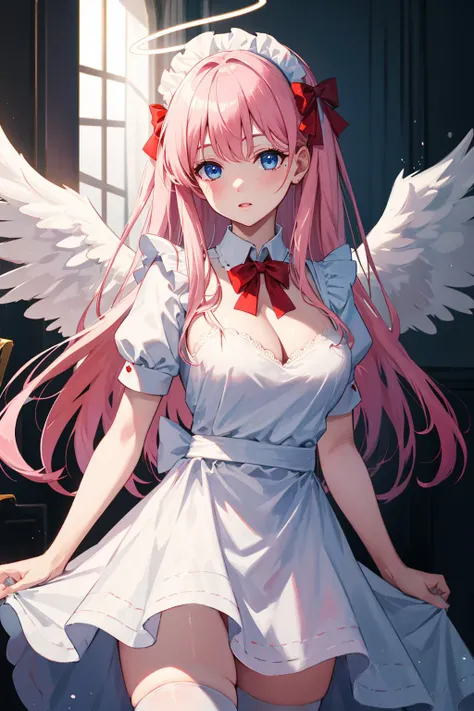 masterpiece, best quality, highres, 1girl, ccnodoka, twintails, hairband, large breasts, halo, wings, angel, cleavage, white dress, ribbon, thighhighs, <lora:haramura_nodoka_v1:0.7>, blue sky, pointing at viewer, hand on hip,