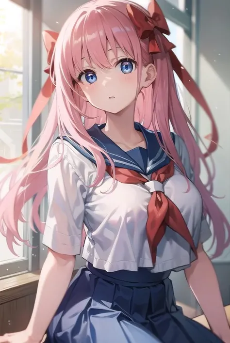 high quality, masterpiece, super detailed, School uniform, Very short skirt, Unbutton your shirt, white, necklace, Female head, 1 girl, alone, calm expression, long pink hair, charming blue eyes , big breasts, School