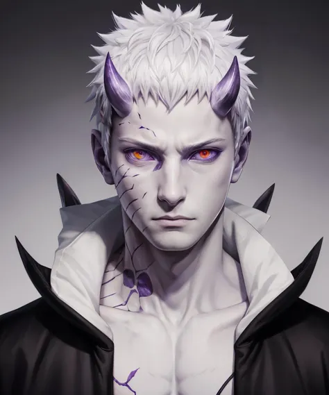 Obito, 1boy, pale skin, short hair, white hair, black pants, horns, purple aura, heterochromia, red eye, purple eye <lora:Obito_Jinchuriki:0.6>, digital painting, very detailed, best quality