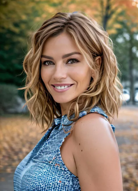 closeup portrait of Chauvin, smile , wearing tailored , with platinum blonde Lob (long bob) , background autumn epic (photo, studio lighting, hard light, sony a7, 50 mm, matte skin, pores, colors, hyperdetailed, hyperrealistic), <lora:Chauvin:0.7>