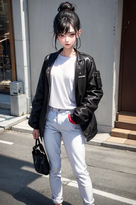 masterpiece, best quality,standing, black hair bun,cold face, full body,  jacket, white T-shirt, casual pants, (Fashionable clothing), happy, light effect, soft, super clear, high-definition picture, (front)