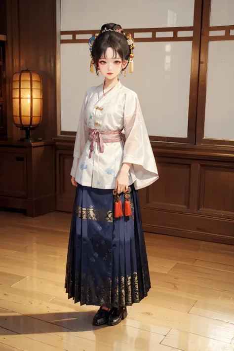 masterpiece, best quality,standing, black hair bun,cold face, full body,happy,ming hanfu, pleated skirt,light effect, soft, super clear, high-definition picture, (front),cityscape,