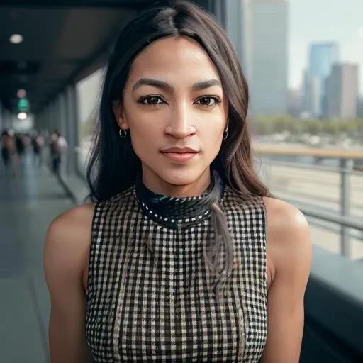 masterpiece, absurdres, award winning photo of alexandriaocasiocortez, extremely detailed, amazing, fine detail, extremely detailed eyes and face, by lee jeffries nikon d850 film stock photograph 4 kodak portra 400 camera f1.6 lens rich colors hyper realistic lifelike texture dramatic lighting unrealengine trending on artstation cinestill 800 tungsten, beautiful woman, slim, tiny waist, pencil_dress, a woman wearing a (black and white checkered pencil_dress), holding a purse,<lora:hauteCouturePencil_v10:0.765> <lora:alexandriaOcasioCortez_11>